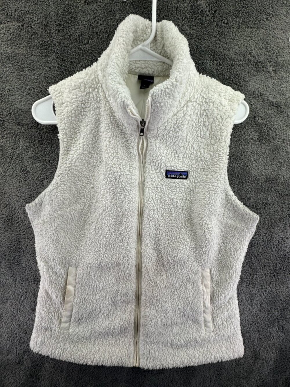Patagonia Women White Vest Lined Full Zip Large W/ Pockets, Logo Hiking Adult